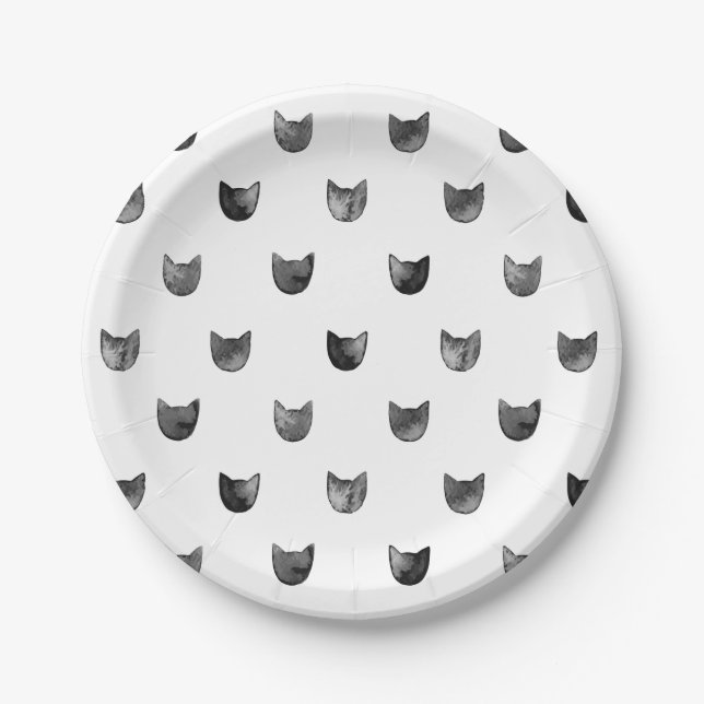 Black and White Chic Cute Cat Pattern Paper Plates (Front)
