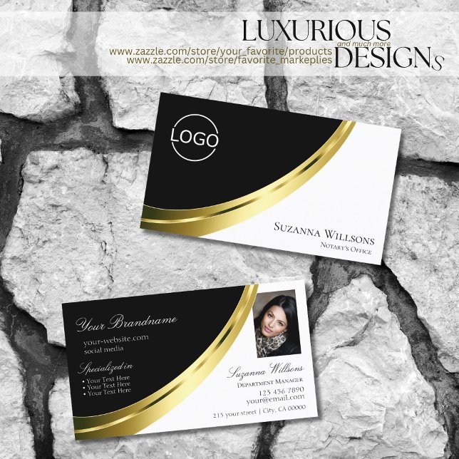 Black and White Chic Gold Decor with Logo & Photo Business Card (Creator Uploaded)