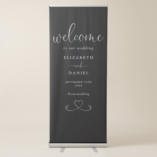 Black And White Chic Heart Script Wedding Welcome Retractable Banner