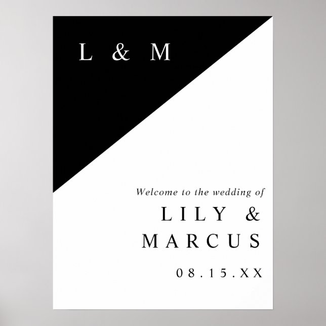 Black And White Chic Monogram Wedding Welcome Sign (Front)
