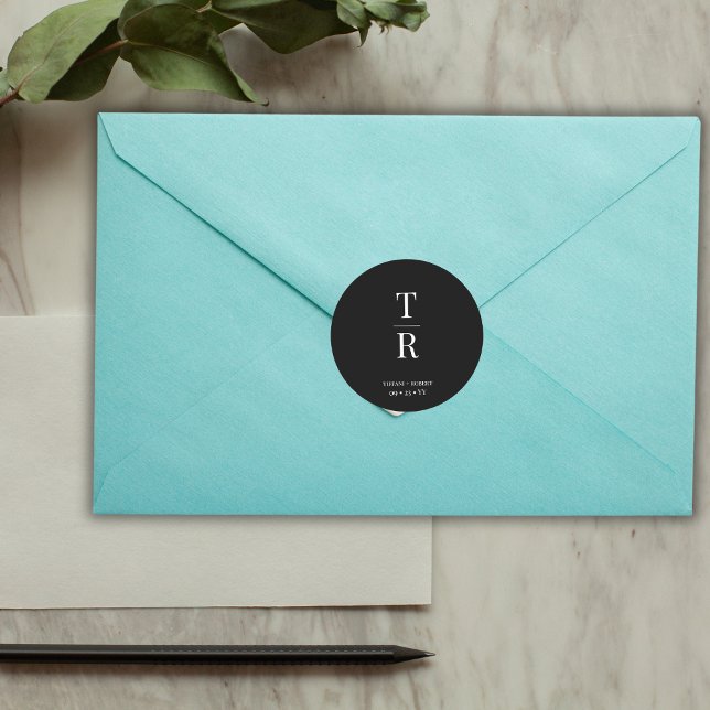 Black and White Chic Monogrammed Wedding Favor Classic Round Sticker (Creator Uploaded)