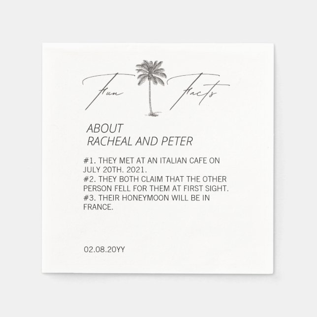 Black and White Chic Palm Tree Fun Facts Wedding Napkins (Front)