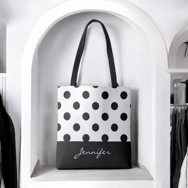 Black and White Chic Polka Dots with Monogram Tote Bag (Creator Uploaded)