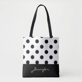 Black and White Chic Polka Dots with Monogram Tote Bag