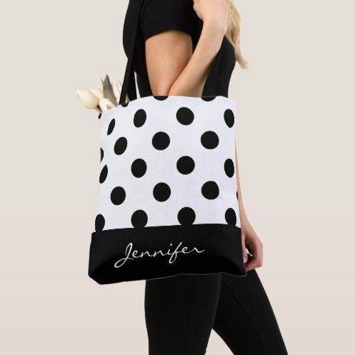 Black and White Chic Polka Dots with Monogram Tote Bag