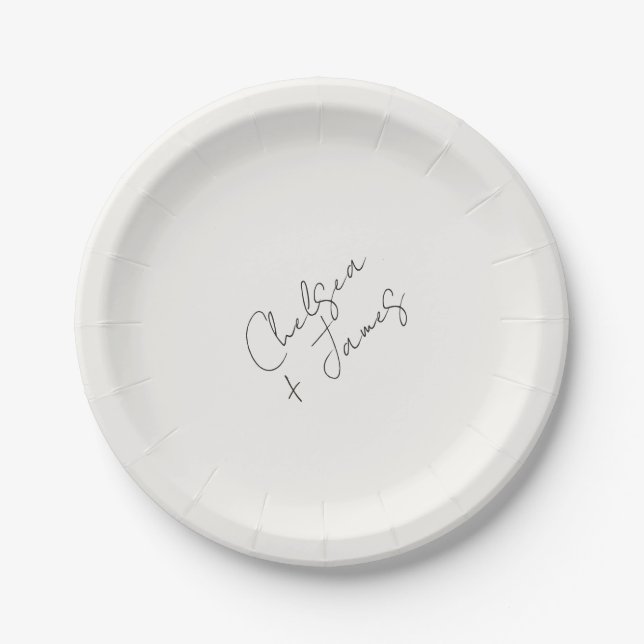 Black and White | Chic Script Minimalist Wedding  Paper Plates (Front)