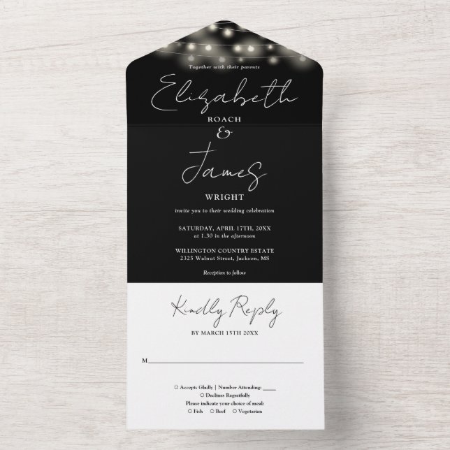 Black And White Chic Script String Lights Wedding All In One Invitation (Inside)