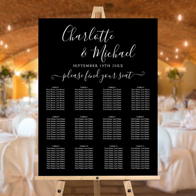 Black And White Chic Script Wedding Seating Chart Foam Board (Black And White Chic Script Wedding Seating Chart Foam Board)