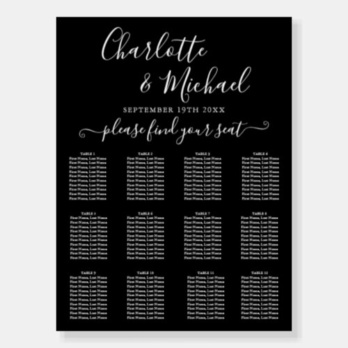 Black And White Chic Script Wedding Seating Chart Foam Board