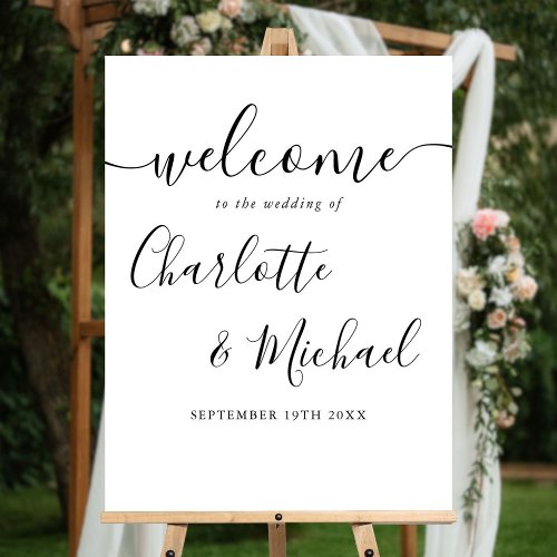 Black And White Chic Script Wedding Welcome Sign