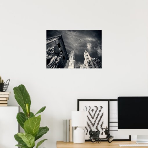 Black and White Chicago City Skyline with Airplane Poster | Zazzle