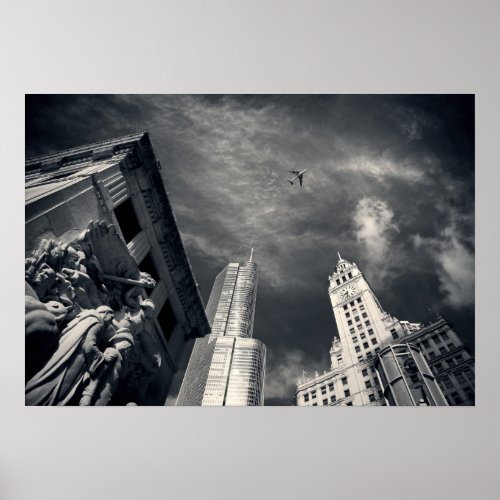 Black and White Chicago City Skyline with Airplane Poster