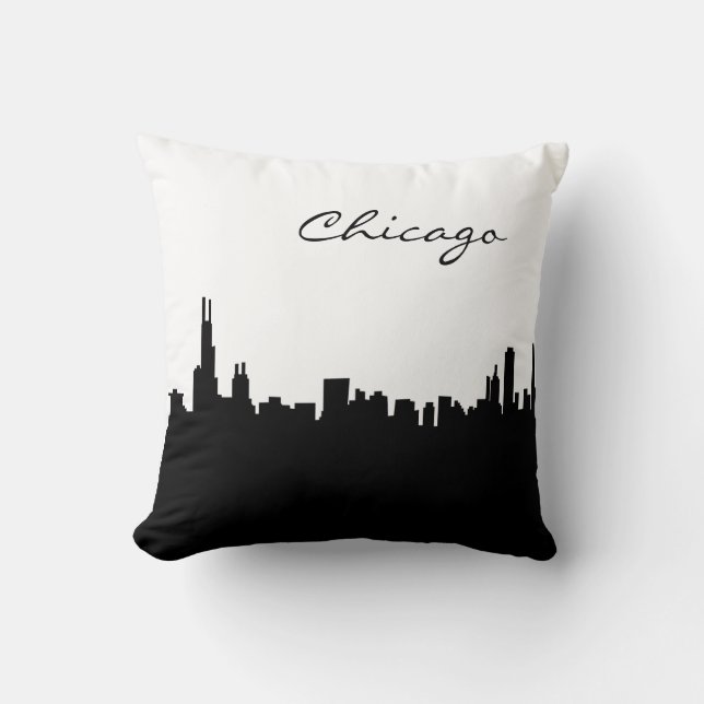 Black and White Chicago Landmark Throw Pillow (Front)
