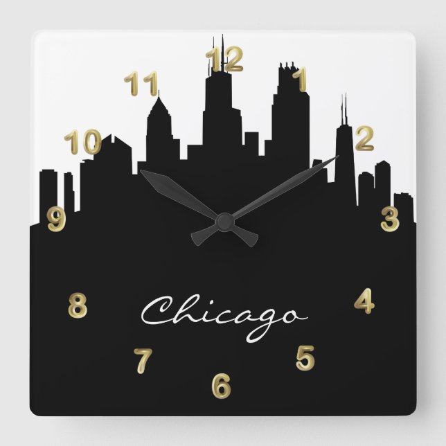 Black and White Chicago Skyline Square Wall Clock (Front)