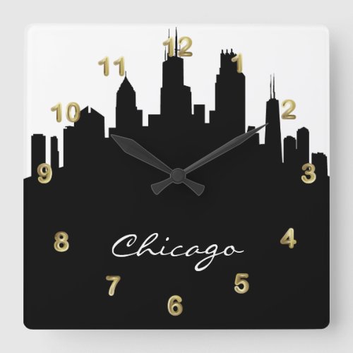Black and White Chicago Skyline Square Wall Clock