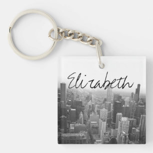 Black and White Chicago Skyline with a Name Keychain