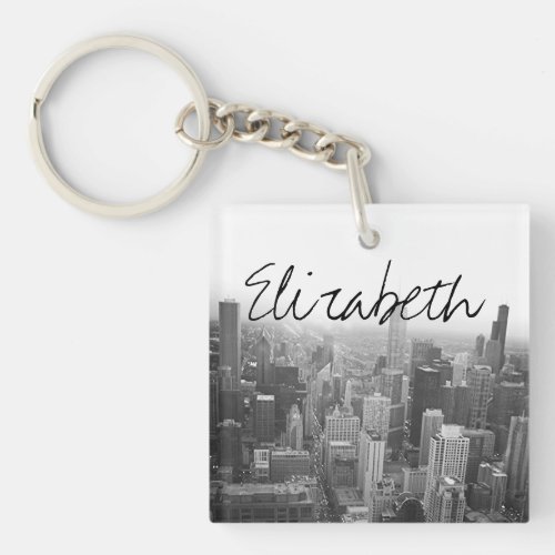 Black and White Chicago Skyline with a Name Keychain