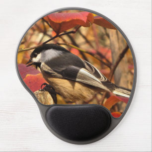 Black and White Chickadee Bird in Pink Autumn Gel Mouse Pad