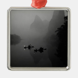 Black and white, China, Li River, Fisherman on Metal Ornament
