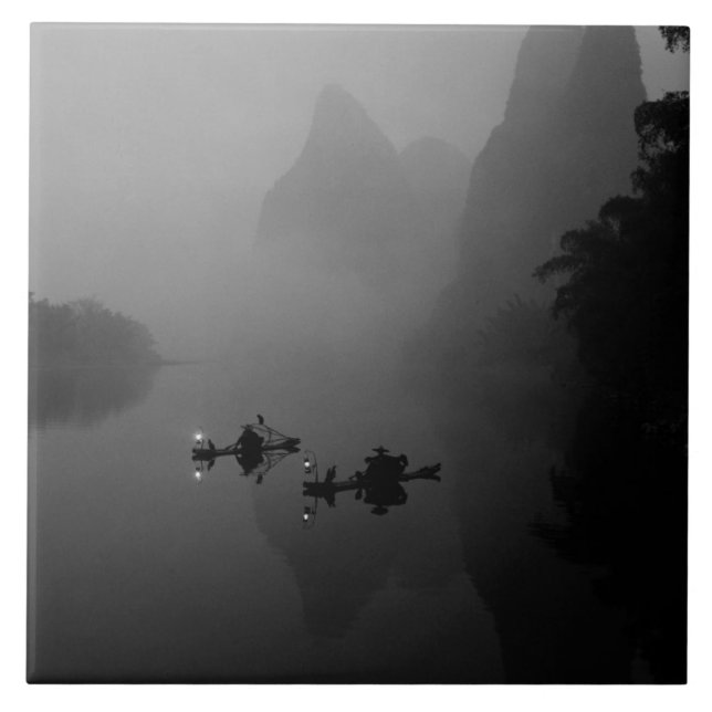 Black and white, China, Li River, Fisherman on Tile (Front)