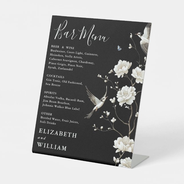 Black And White Chinoiserie Bar Menu Wedding Pedestal Sign (Front)