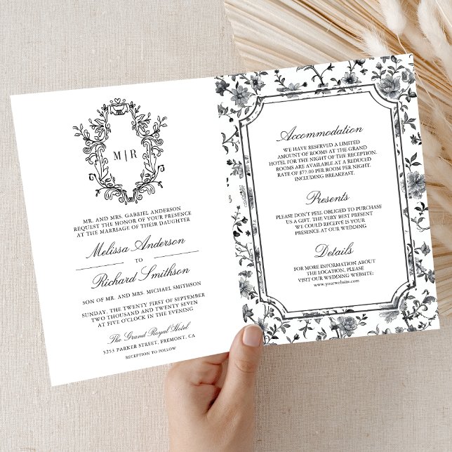 Black and White Chinoiserie Crest QR Code Wedding Invitation (Creator Uploaded)