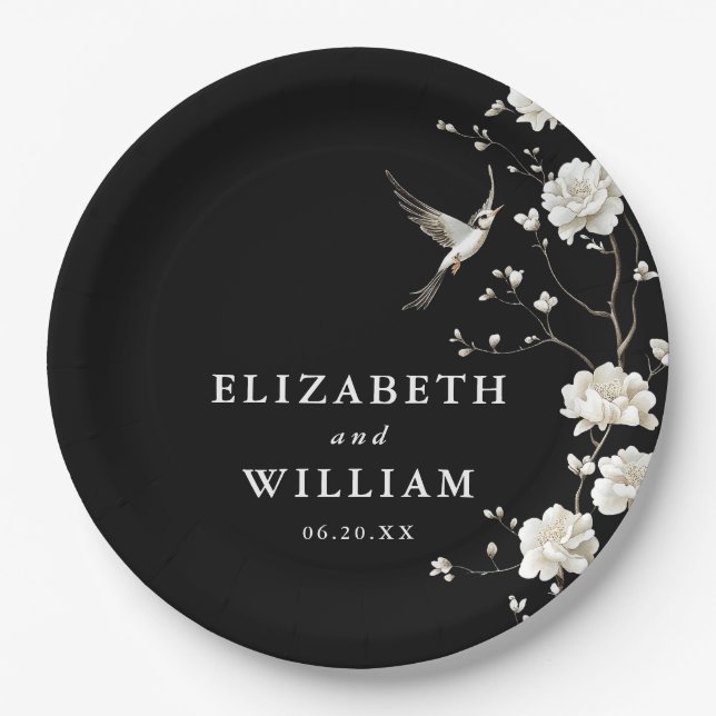 Black And White Chinoiserie Floral Garden Wedding Paper Plates (Front)