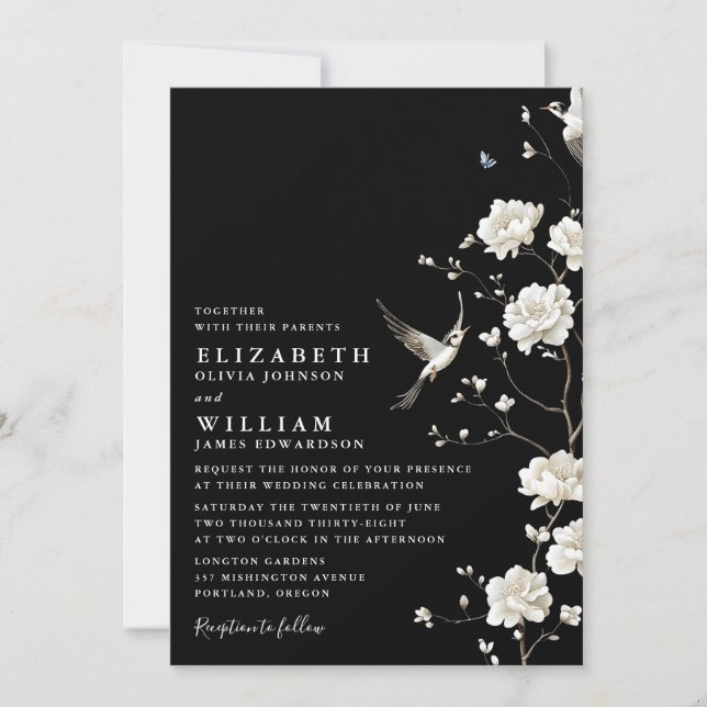 Black And White Chinoiserie Floral QR Code Wedding Invitation (Front)