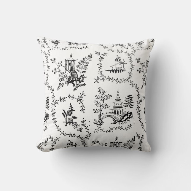 Black and White Chinoiserie Pagoda Throw Pillow (Front)