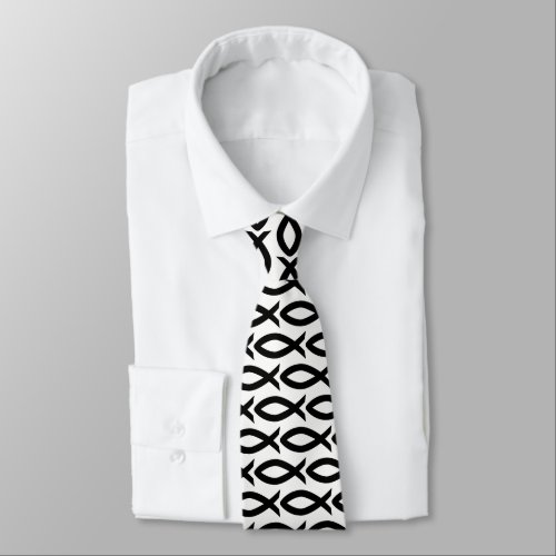 Black and White Christian Fish Symbol  Necktie