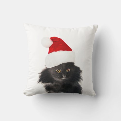 BLACK AND WHITE CHRISTMAS CAT WITH SANTA CLAUS HAT THROW PILLOW