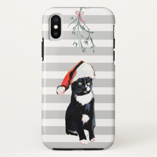 Black and White Christmas Cat with santa hat iPhone X Case