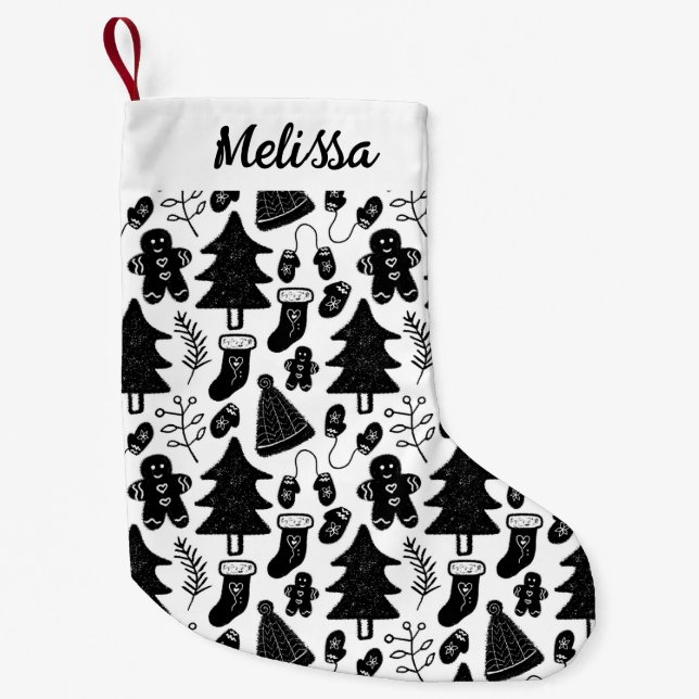 Black and White Christmas Doodle Pattern Small Christmas Stocking (Front)
