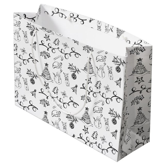 Black and White Christmas Drawings Pattern Large Gift Bag (Back Angled)