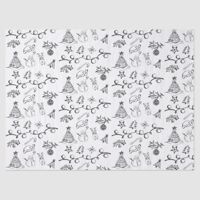 Black and White Christmas Drawings Pattern Tissue Paper (Front)