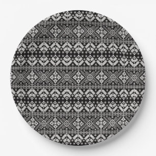 Black and White Christmas Fair Isle Pattern Paper Plates