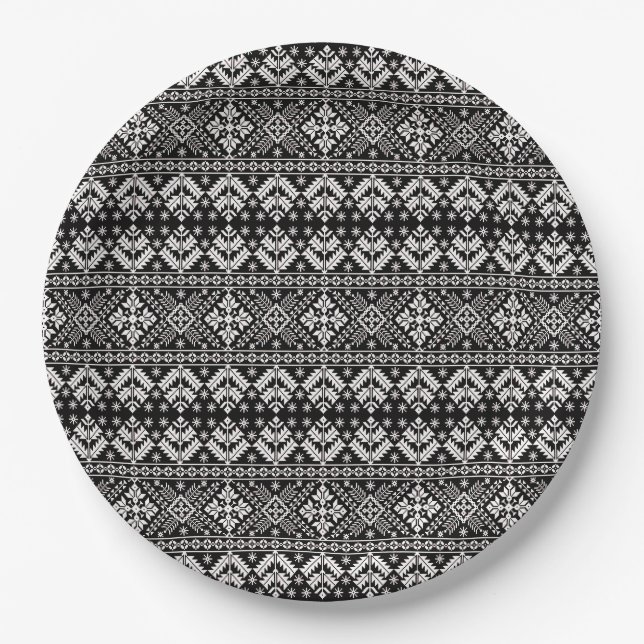 Black and White Christmas Fair Isle Pattern Paper Plates (Front)