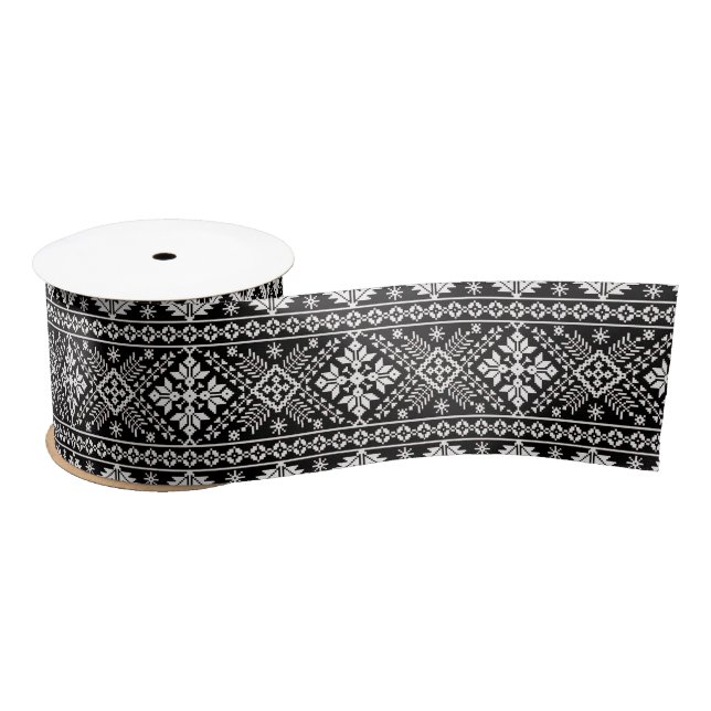 Black and White Christmas Fair Isle Pattern Satin Ribbon (Spool)