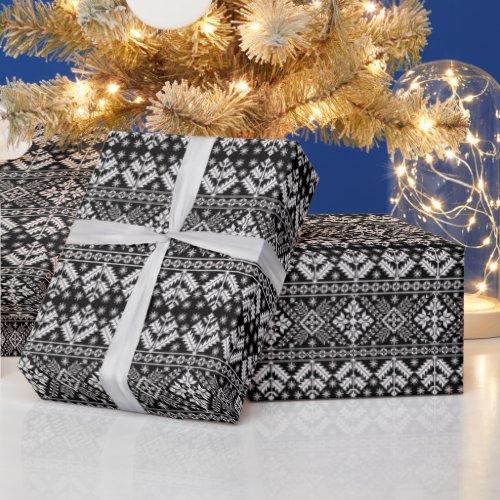 Black and White Christmas Fair Isle Pattern Wrapping Paper