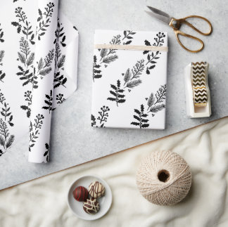 black and white Christmas greenery wrapping paper