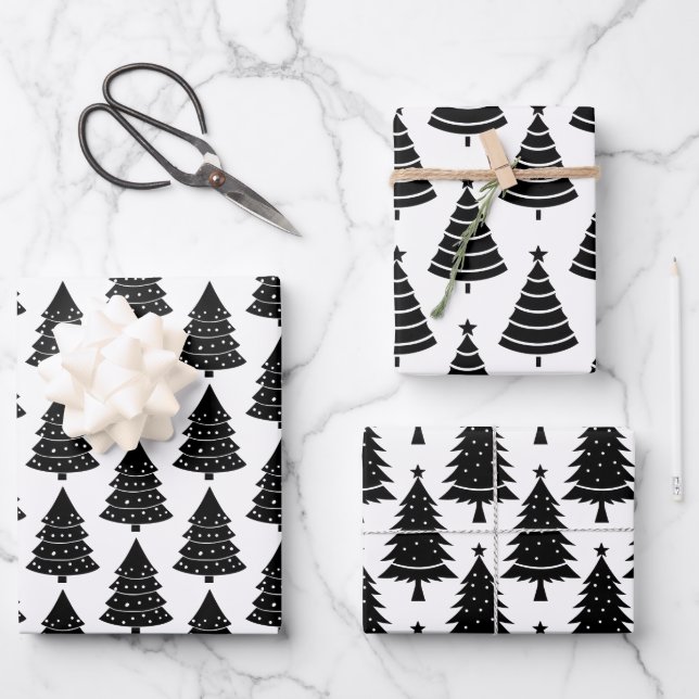 Black and White Christmas Holiday Trees Pattern  Wrapping Paper Sheets (Front)