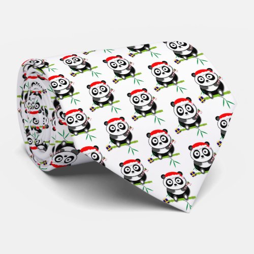 Black and White Christmas Panda Bear Cartoon Neck Tie