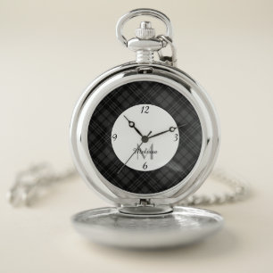 Black and White Christmas plaid winter Monogram Pocket Watch