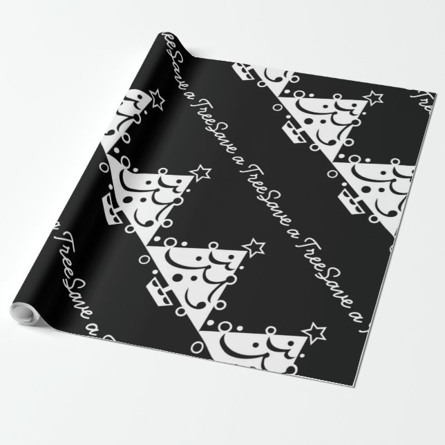 Black and White Christmas Save The Tree Wrapping Paper (Unrolled)