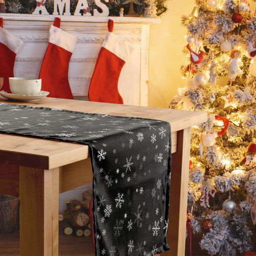 Black and White Christmas Snowflake Pattern Short Table Runner