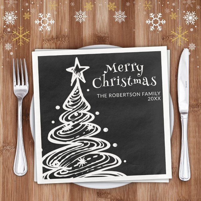 Black and White Christmas Tree Christmas Party Paper Dinner Napkins (Creator Uploaded)