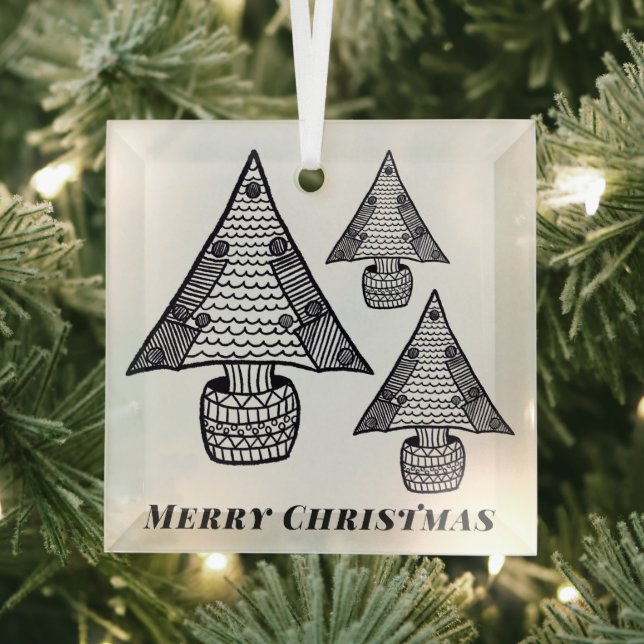 Black and White Christmas Tree Drawing  Glass Ornament (Insitu)