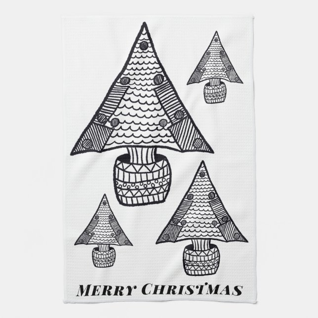 Black and White Christmas Tree Drawing Kitchen Towel (Vertical)
