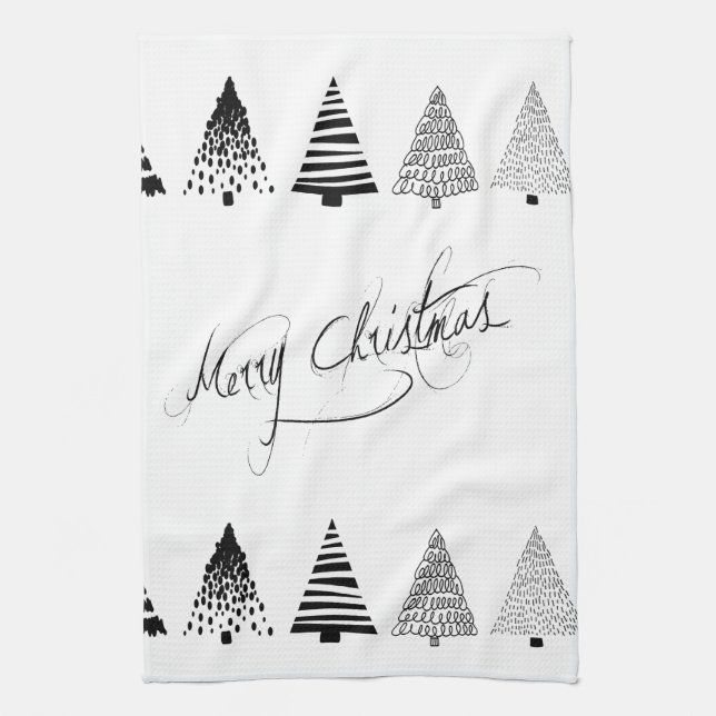 “Black and White Christmas Tree” Kitchen Towel (Vertical)