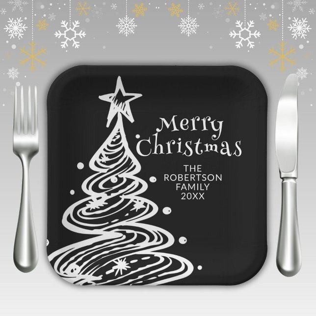 Black and White Christmas Tree Party Paper Plates (Creator Uploaded)